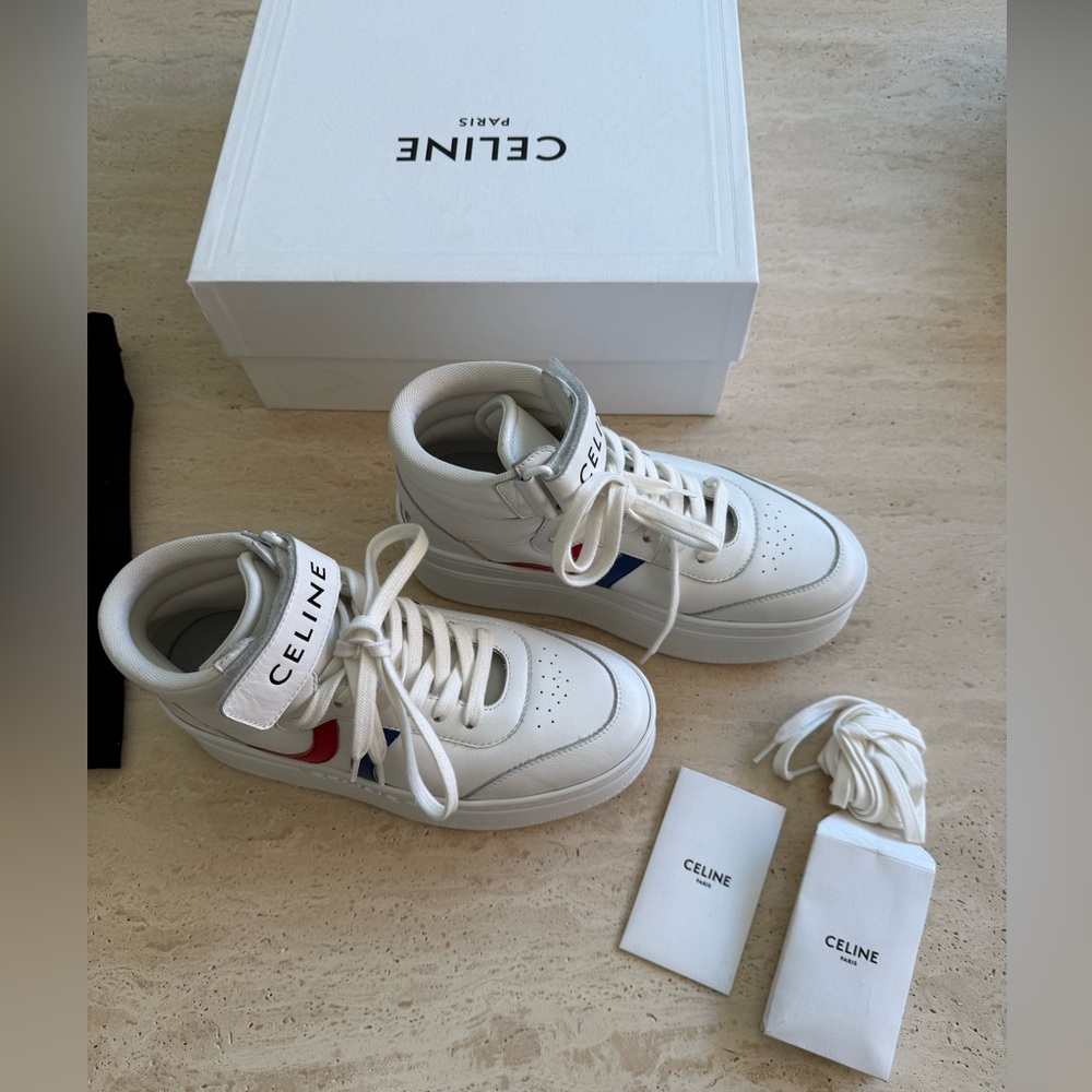 New Celine Mid Lace-up White Calf Skin Sneakers Size:37 - Picture 2 of 16